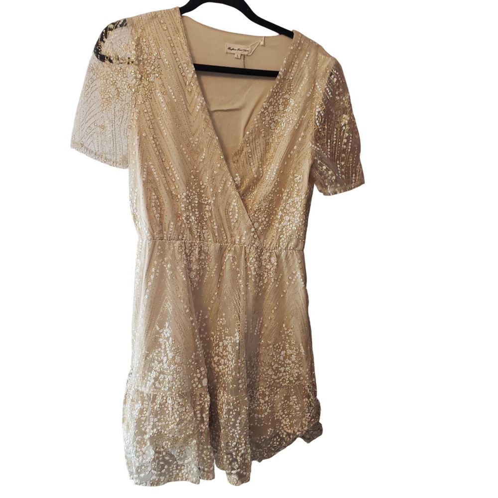 Southern Fried Chics Womens Sequin Wrap Mini Dress Large Gold White L095